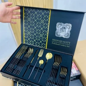 Premium Polished Cutlery Set - 24 Pieces (Gold & Black Design)
